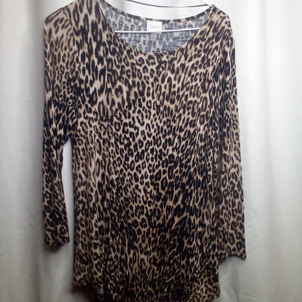 Cupio Blouse M 3/4 Sleeve Scallop Hem Animal Print Brown Black